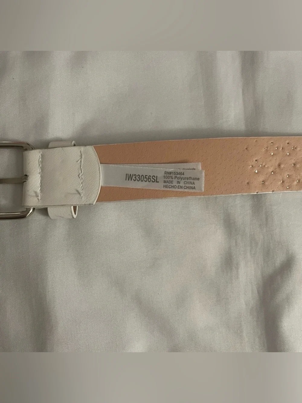 White PU leather silver tone studded belt